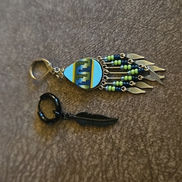 3/$30 Mismatched Southwestern Feather Aztec Fringe Dangle Earrings - Picture 2 of 4